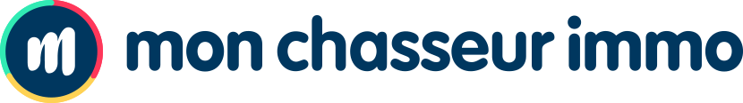 Logo de Mon Chasseur Immo. Image à gauche, rond avec contour jaune, rose et cyan avec à l'intérieur un M blanc sur fond bleu marine. om à droite en bleu marine.