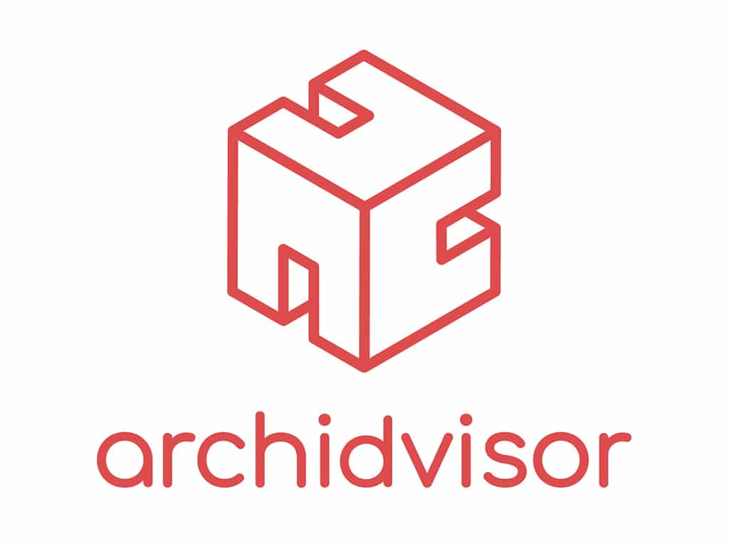 Logo de Archidvisor, cube avec des bouts manquants en rouge en haut et le nom en bas en rouge